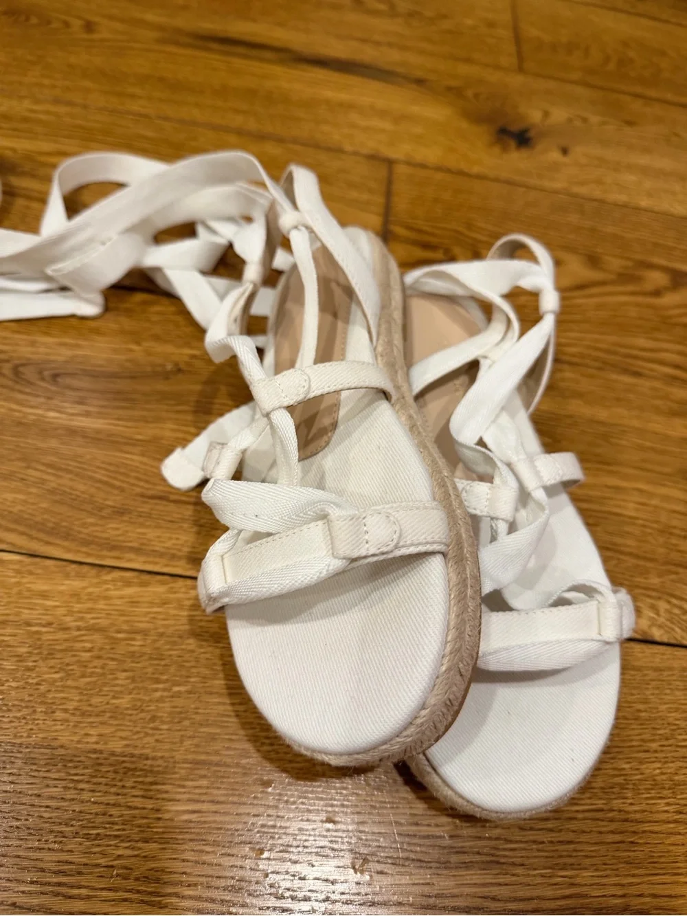 Stuart Weitzman White Lace-Up Espadrille Sandals